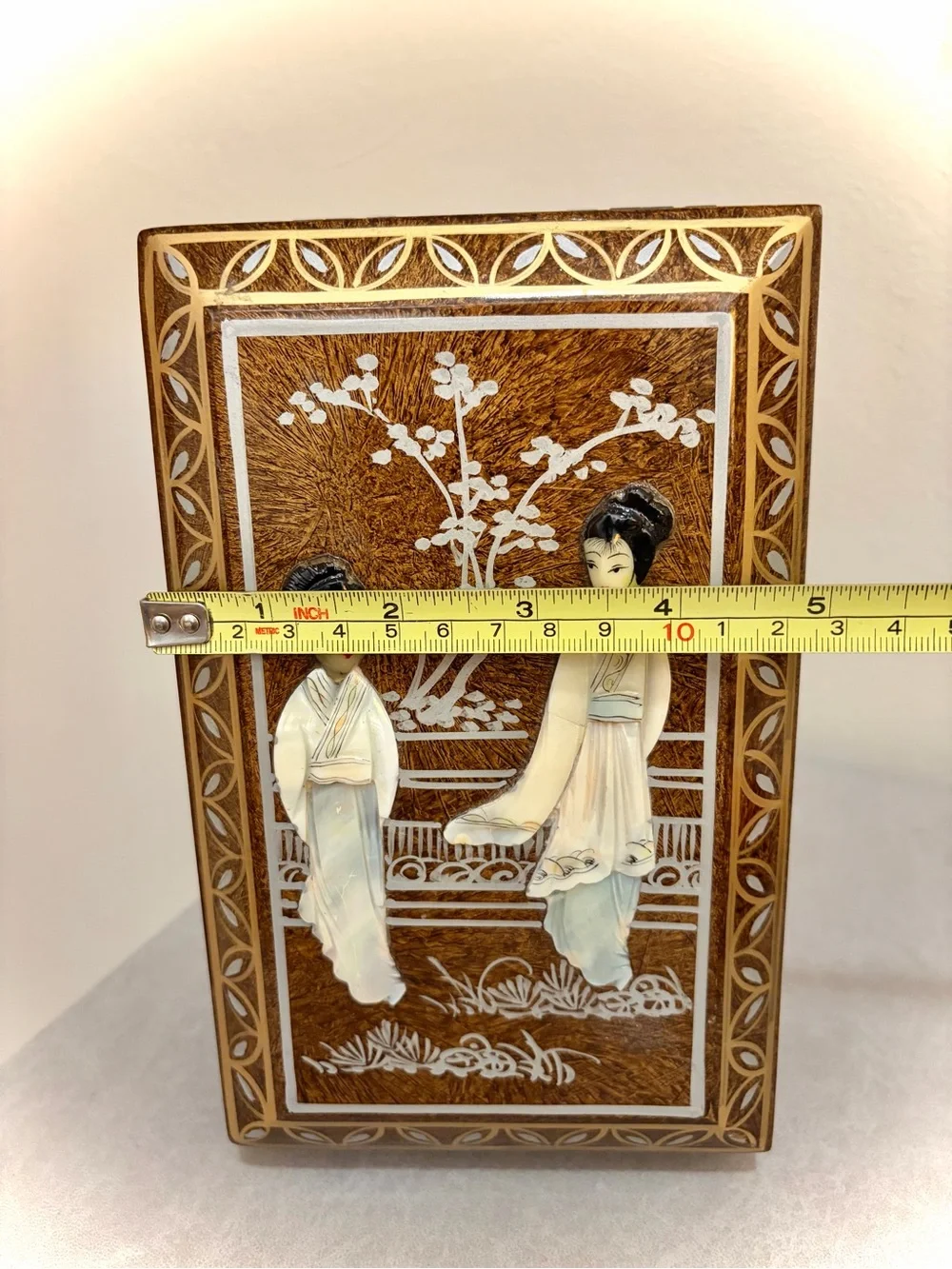 Vintage Asian Mother of Pearl Inlay Jewelry Trinket Box With Geisha Design